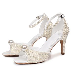 8cm Boca de pescado Tacón alto fino Imitación Perla Satén Hebilla Sandalias Boda Zapatos de novia - Product Image 5