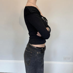 Top vintage à col carré, coupe ajustée, broderie florale, manches longues, fille sexy, décolleté plongeant, t-shirt polyvalent - Product Image 5