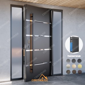 Porte d'entrée moderne en aluminium noir avec inserts en verre horizontaux et panneaux latéraux fixes doubles - Product Image 3