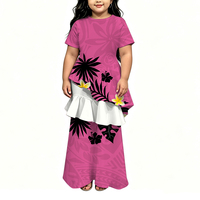 Robe longue d'été personnalisée style polynésien, motif géométrique tribal vintage hibiscus violet et blanc, manches courtes, décontractée pour le quotidien