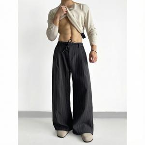 Pantalon large rayé pour homme avec cordon de serrage, plissé, coupe décontractée, style vintage, décontracté - Product Image 1