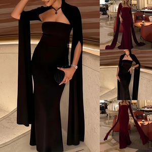 <span class=keywords><strong>Robe</strong></span> de soirée sirène élégante <span class=keywords><strong>sans</strong></span> bretelles avec manches cape, couleur unie, longueur ras du sol, pour femme, printemps-automne, formelle et décontractée, vente en gros - Product Image 3