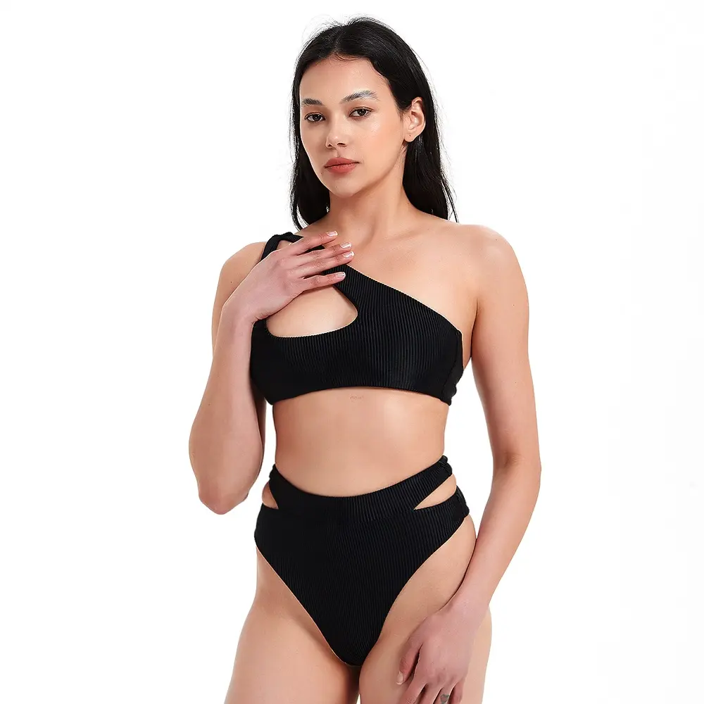 2024 Solid One Shoulder Bikini Set High Waist Swimwear For Girl Sexy Biquini Bathing Suit Beachwear Swimsuit OEM