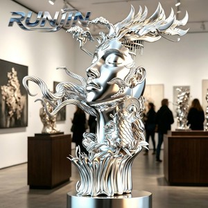 Escultura de Cabeza de <span class=keywords><strong>Fénix</strong></span> Surrealista en Metal Cromado, Estatua Facial Moderna de Acero Inoxidable para Interiores, Tamaños Personalizados para Galerías - Product Image 3
