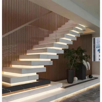 Conception de contremarche fermée personnalisée balustrade en verre trempé complètement cachée marches en bois de 3 pouces d'épaisseur escalier flottant de vol