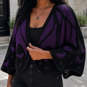 Capa de <span class=keywords><strong>punto</strong></span> larga con diseño de murciélago y estampado de leopardo, negra y roja, para <span class=keywords><strong>mujer</strong></span>, estilo único, para Halloween - Product Image 3