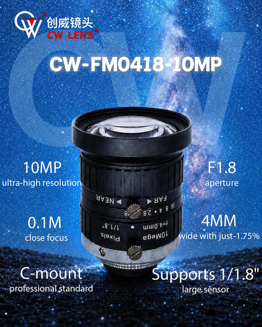 4mm C Mount Lens 10MP 1/1.8" Industrial Wide Angle Fixed Focus Lens for Machine Vision Camera
