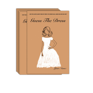 Idées de jeux de douche de mariage uniques Fun Guesses the Dress Cards Cartes de jeu de douche nuptiale marron avec crayons - Product Image 1