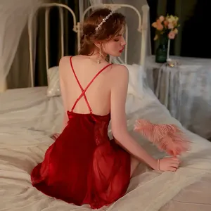 ชุดนอนผ้าไหมกำมะหยี่สำหรับผู้หญิงชุดนอน2ชิ้นชุดนอนชุดนอนสายไขว้ด้านหลังสุดเซ็กซี่ชุดชั้นในชุดนอนคอวีลูกไม้ - Product Image 6