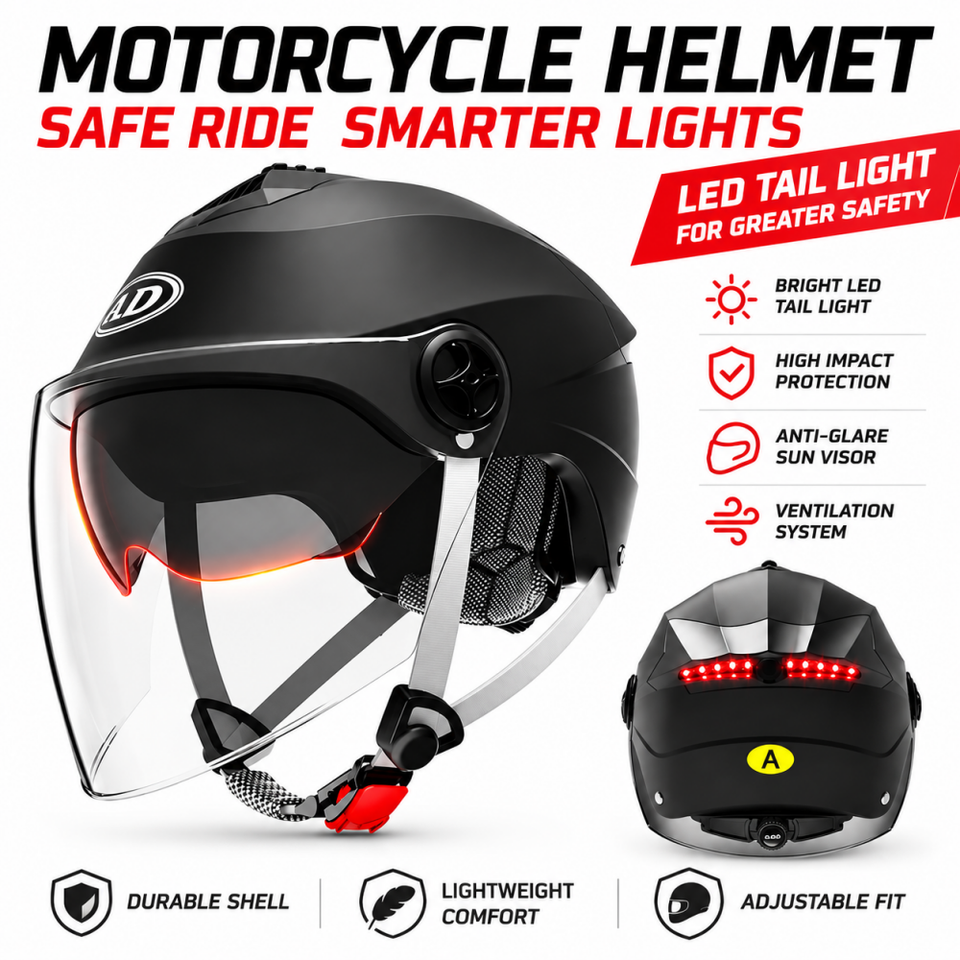 Open Face Motorcycle Helmet LED Tail Light 3/4 Dual Visor Motorbike ...