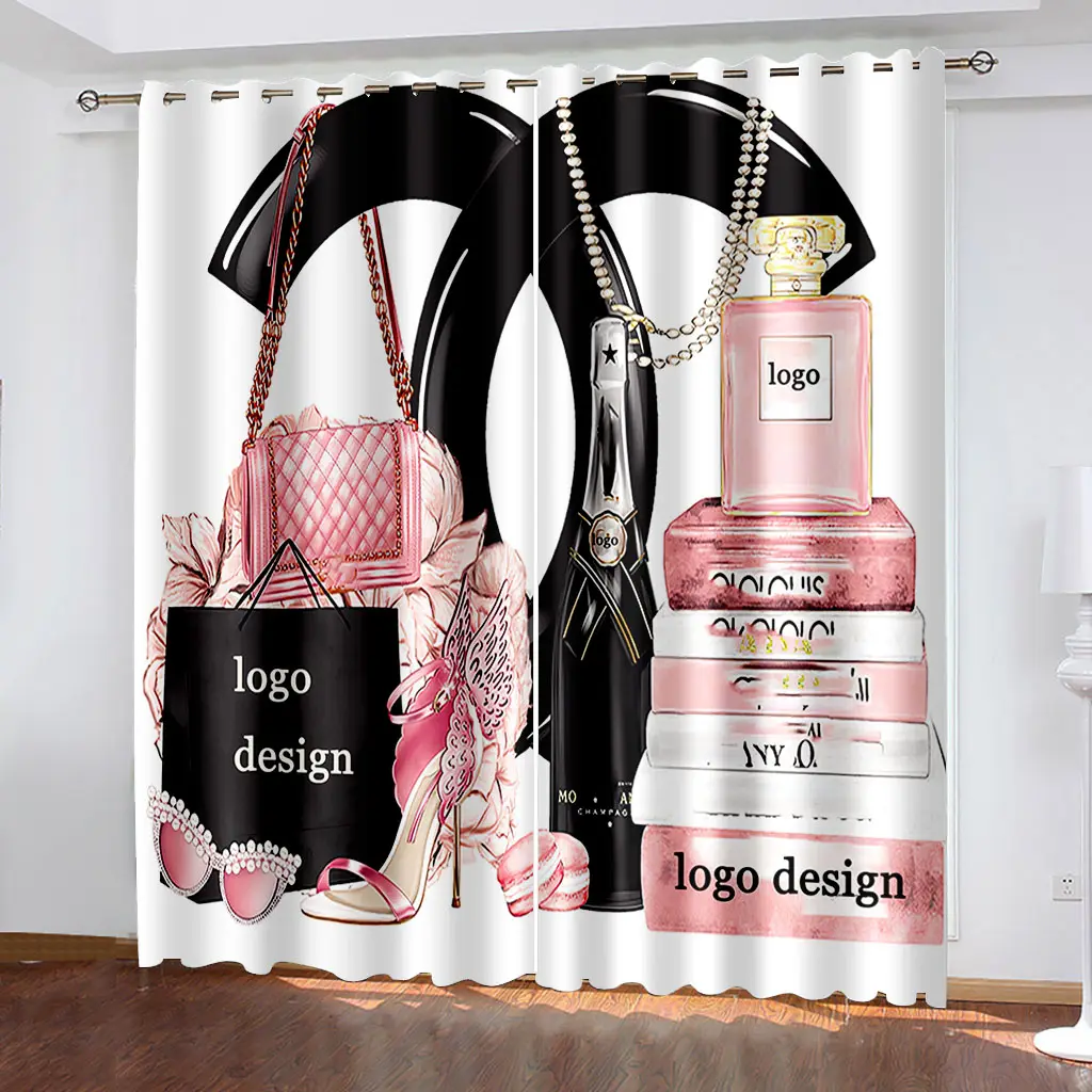 フローラル香水デザイナーブランドロゴウィンドウカーテン3Dカスタムプリントブラックアウト家の装飾カーテンリビングルームの高級