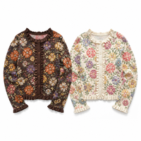 Cárdigan Oversize de Mujer Personalizado con Jacquard Floral 3D, Cuello Redondo con Volantes, Tejido Vintage para Invierno, OEM, Venta al por Mayor, Marca Privada, Pedido a Granel