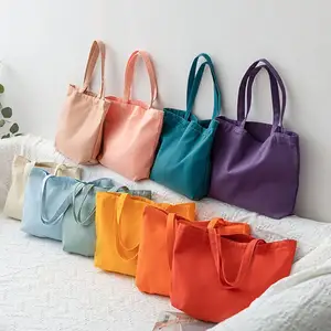 Wholesale Custom Logo Imprinted Women's College Canvas Tote Bag Reusable Cotton Handle Grocery Shopping Bag Pocket Colorful