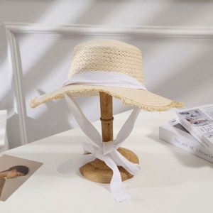 Summer Seaside Vacation Wide-brimmed Burlap Flutter Tie Woven Straw Sun <b>Hat</b> <b>Flat</b> Top Sun Beach Girls Straw <b>Hats</b> for Women - Product Image 2