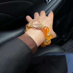 Bracciale con perle rotonde di citrino giallo portafortuna da 14 mm, di grandi dimensioni, per attirare la ricchezza, confezionato singolarmente, stile Homebody. - Product Image 3