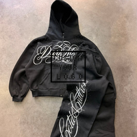 Özel Logo Gotik Taşlı Nakışlı Fransız Havlusu 2 Parça Eşofman Erkek Fermuarlı Kapüşonlu Üst ve Jogger Pantolon Koyu Sokak Giyim Seti