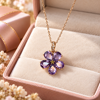 Kalung Perak Sterling 925 Berlapis Emas Rose dengan Liontin Bunga Lima Kelopak Amethyst Ungu untuk Wanita Perhiasan Berkualitas