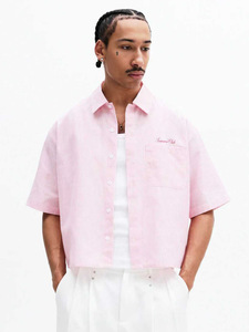 Camicie a maniche corte da uomo personalizzate all'ingrosso, casual, a righe, versatili, traspiranti, alla moda, rosa - Product Image 3