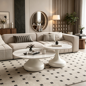 Ensemble de tables basses gigognes rondes modernes avec plateau en marbre, design minimaliste pour salon, base blanche - Product Image 6