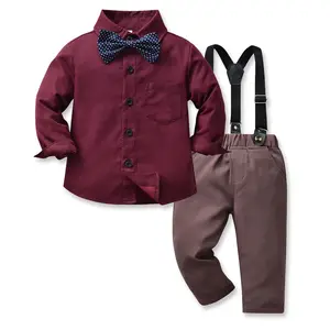 Хлопковая рубашка с длинным рукавом, джентльменские брюки на подтяжках, комплект из двух предметов для малышей, формальная одежда для маленьких мальчиков, осенняя одежда