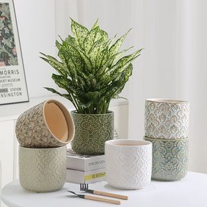 Pots de fleurs ronds en céramique émaillée, écologiques et minimalistes, motifs floraux, trou de drainage, <span class=keywords><strong>petit</strong></span> ensemble, légers, durables, pour le <span class=keywords><strong>jardin</strong></span> - Product Image 3
