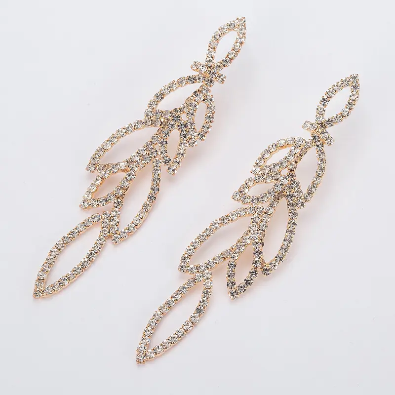 SZE368 독특한 디자인 세련된 잎 스터드 귀걸이 전체 다이아몬드 고급 골드 매달려 귀걸이