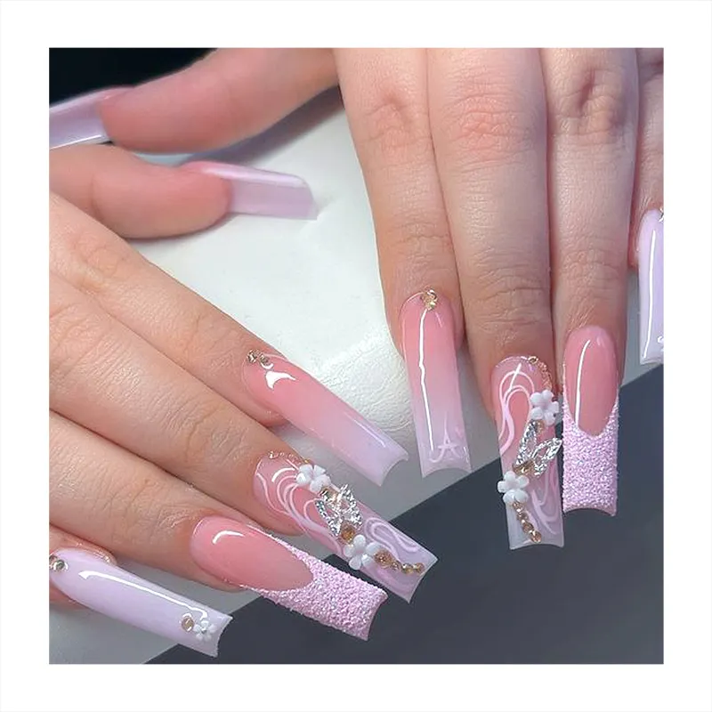 Nieuwe Designkunst Extra Lange Doodskist Vingernagels Nude Transparante Nagels Tip Stick Juweel Handgemaakte Vlinder Witte Strepen Nep Nagels