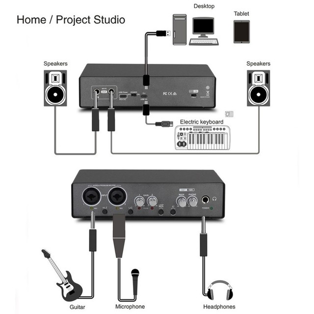 USB Audio Interface Mixer 24bit/192KHz 48V Phantom Power Noise Reduction Plug and Play Mic/Line/XLR Interfaces Loopback High-Fid