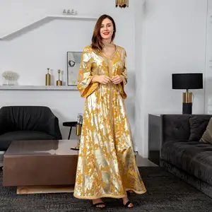 Abaya dubai Ramadan Eid Abaya Dubai Oriente Médio 2021 Outono Nova Alta Densidade Chiffon Muçulmano Robe Dourado FemininoDuas peças Maxi Dr