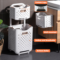 Panier à linge pliable à 2 niveaux WANUO, respirant, anti-moisissure, en plastique, avec roulettes