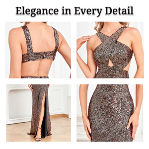 Abito da sera a sirena con paillettes personalizzato all'ingrosso, scollo incrociato, cut-out <span class=keywords><strong>laterale</strong></span>, <span class=keywords><strong>spacco</strong></span> <span class=keywords><strong>lungo</strong></span>, abito formale OEM ODM per feste - Product Image 4