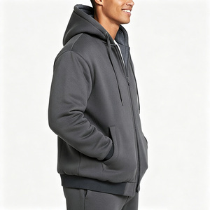 Sweat-shirt à capuche zippé gris pour homme, doublé en polaire, épais et chaud, en sherpa, veste d'hiver pour temps froid - Product Image 2