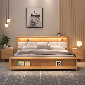 Nordic Style Solid Wood Upholstered Bed 1.8M Double Storage Box Lighted Headboard Master Bedroom Wedding Use - Product Image 3