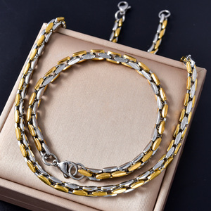 Ensemble collier et bracelet élégant en acier inoxydable plaqué or 18 carats, anti-ternissement, robuste, avec chaîne segmentée double teinte brillante, vente en gros - Product Image 4