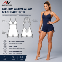Combinaison de yoga bleu marine personnalisée avec logo, col en V, bretelles fines, découpes latérales, cordon de serrage, froncée, pour femme, tenue de sport OEM