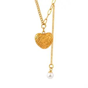 Hight Quality Fashion Gold Plated Stainless Steel Splicing Chain Heart Tassel Pendant Necklace With Pearl For Women