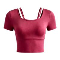 T-shirt de yoga pour femme Premium 2-en-1 à dos ouvert, col ras du cou, double couche, manches courtes, en Spandex/Polyester, coupe courte, ultra doux