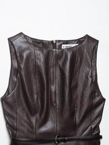 套装女式2026新款2件套时尚人造革腰带装饰无袖背心+复古女式中长裙套装 - Product Image 3