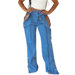 Jeans en coton et élasthanne <span class=keywords><strong>bleu</strong></span> à taille haute pour femmes, vente en gros - Product Image 1