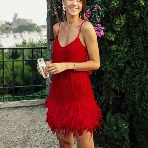 Mujeres fiesta noche cóctel flecos pluma sólido Mini Sexy Spaghetti Strap boda invitado vestido ropa - Product Image 5