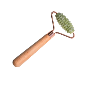 Rouleau de jade Xiuyan vert portable de petite taille à tête unique avec manche en bois et cadre en métal or rose - Product Image 1