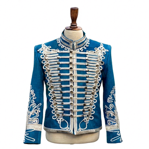 Chaqueta de Hombre Estilo Hussar de Lana Azul, Doble Botonadura, Uniforme Histórico, Cuello Alto, Bordado Plateado Trenzado, Ropa Formal de Invierno - Product Image 1