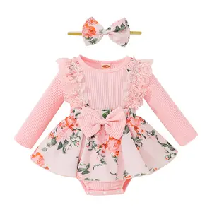 Pakaian Anak-anak Musim Gugur Baru Grosir Baju Monyet Bayi Perempuan Renda Katun Garis Lubang Tambal Sulam Cetak Penuh Satu Potong Bunga