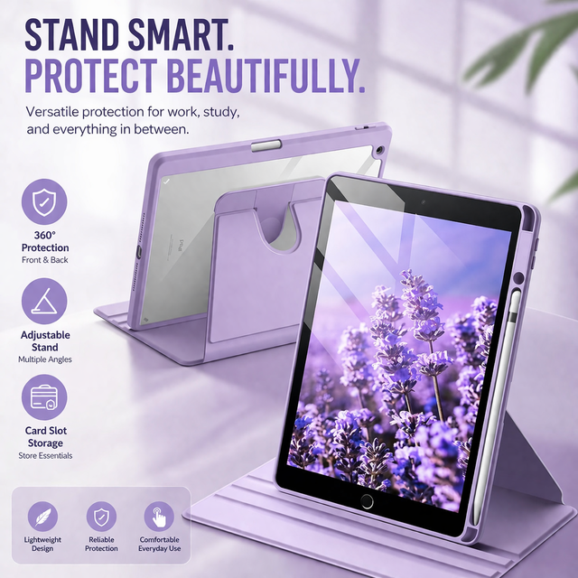 Clear Back 360 Rotation iPad Case TPU PC Transparent Tablet Cover Pencil Holder Multi Angle Stand Smart Sleep Wake