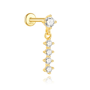 Pendientes de Plata de Ley S925 con Baño de Oro de 18K, Pequeños, con Borlas de Circonitas 5A, Cadena de Flecos, Parte Trasera Plana, Calibre 16G, para Perforaciones de Cartílago - Product Image 1