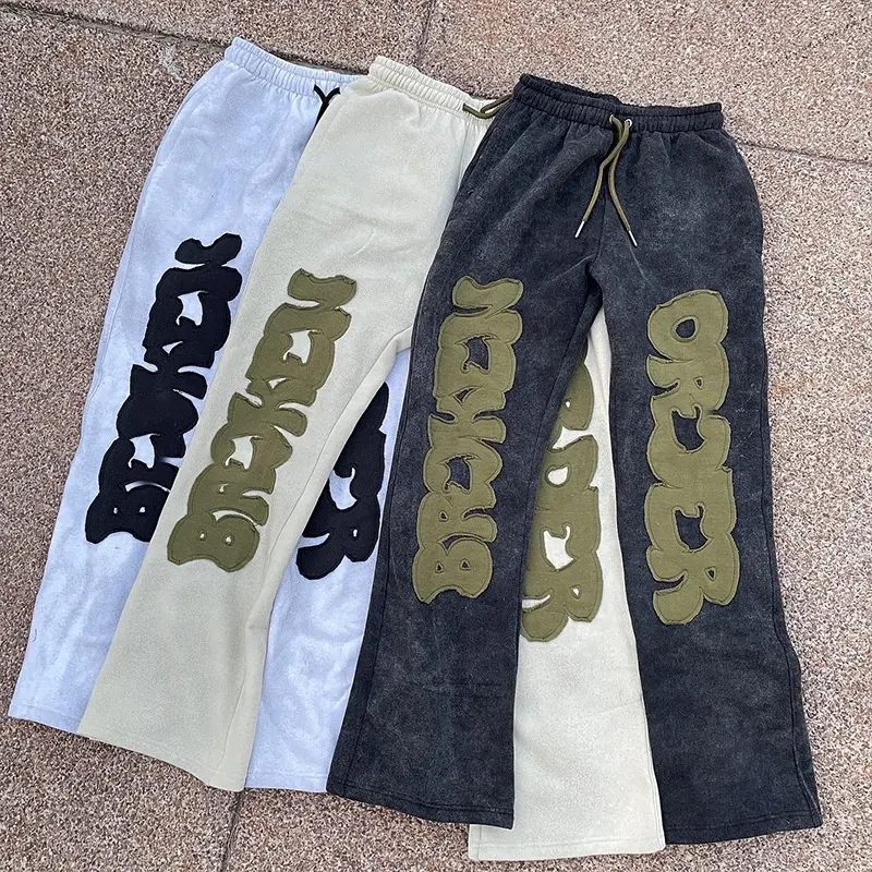 Logo Applique Vintage con lavaggio acido personalizzato a gamba larga larghi larghi pantaloni Cargo da jogging svasati da uomo