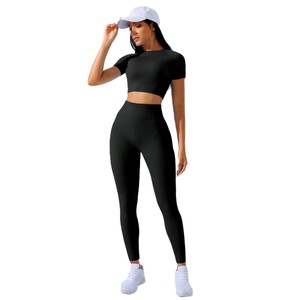 <b>Women</b> Seamless Yoga Set <b>Short</b> Sleeve Crop Top High Waist <b>Leggings</b> Quick Dry Fitness Activewear - Product Image 2