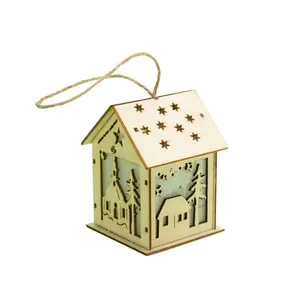Hot Sale Christmas Ornament With Warm Led Lights Wooden Small House Table Decoration