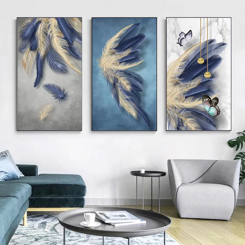 Modern Blue Abstract Feather Canvas Painting Nordic Poster And Prints Wall Art Picture