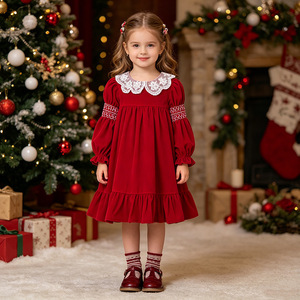 Abito da principessa in velluto rosso con pizzo e maniche a bolle per <span class=keywords><strong>bambina</strong></span>, Collezione Natale 2026 - Nuovo <span class=keywords><strong>vestito</strong></span> alla moda per bambine e neonate - Product Image 1